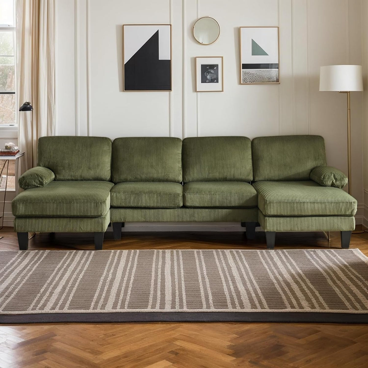 Karl home U-Shape Sectional Sofa Couch 111" Modern 4-Seat Sofa with Chaises Corduroy Fabric