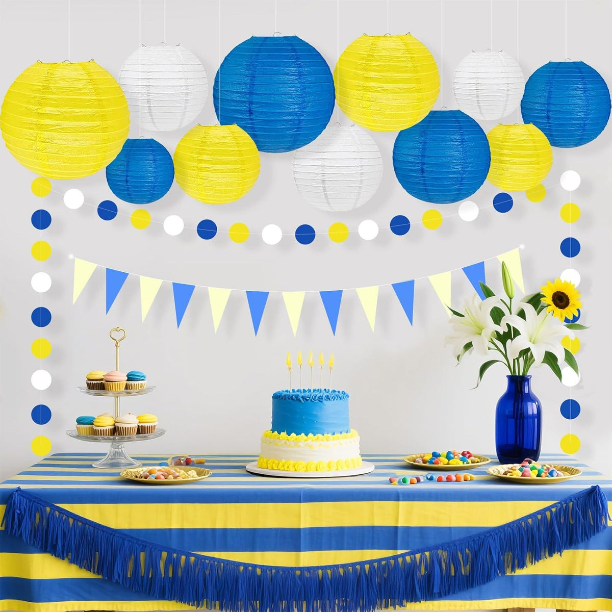 12Pcs Blue and Yellow Party Decorations Hanging Round Paper Lanterns Assorted Sizes (8" 10" 12")