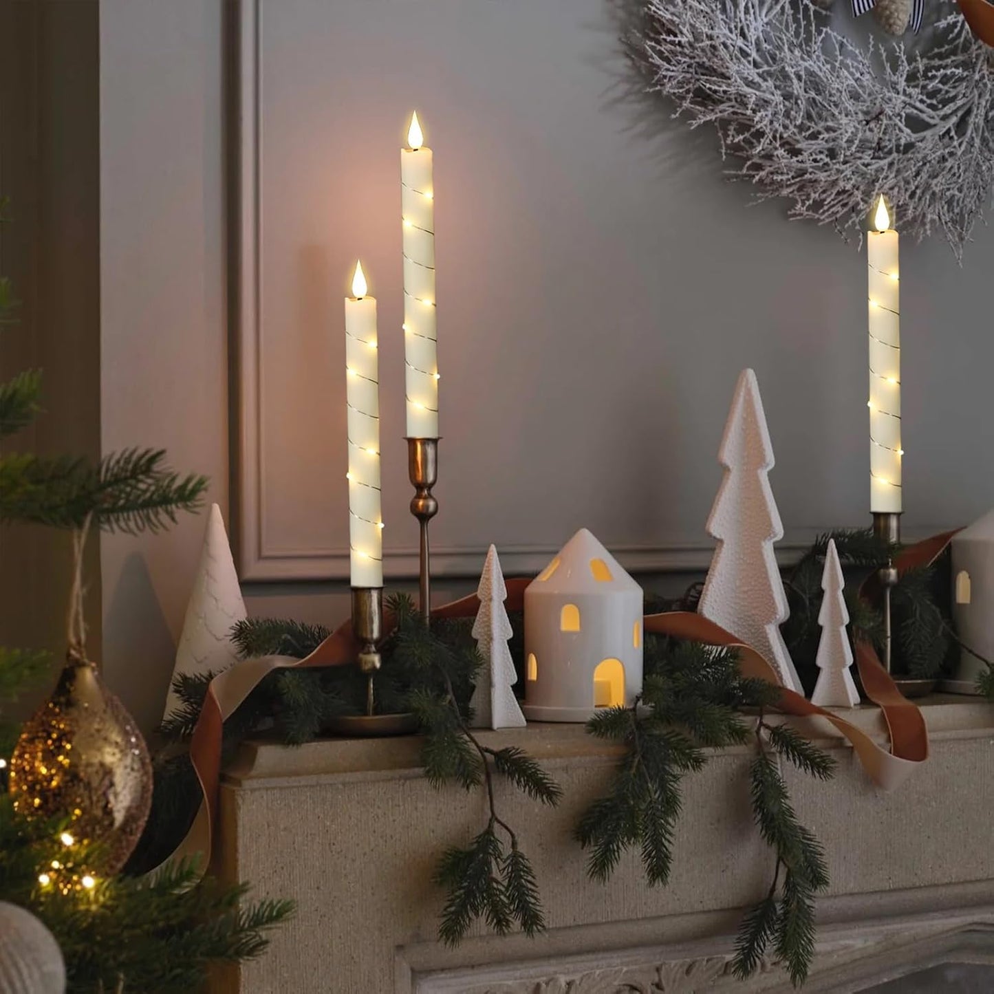 GenSwin Flameless Taper Candles with Remote and String Lights, Ivory Real Wax Taper Candles Battery