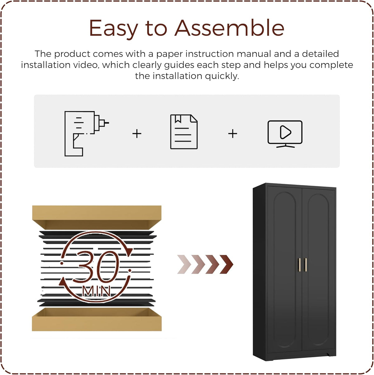 71" Tall Metal Pantry Cabinet with 4 Adjustable Shelves and Gold Handles Heavy-Duty Steel Storage