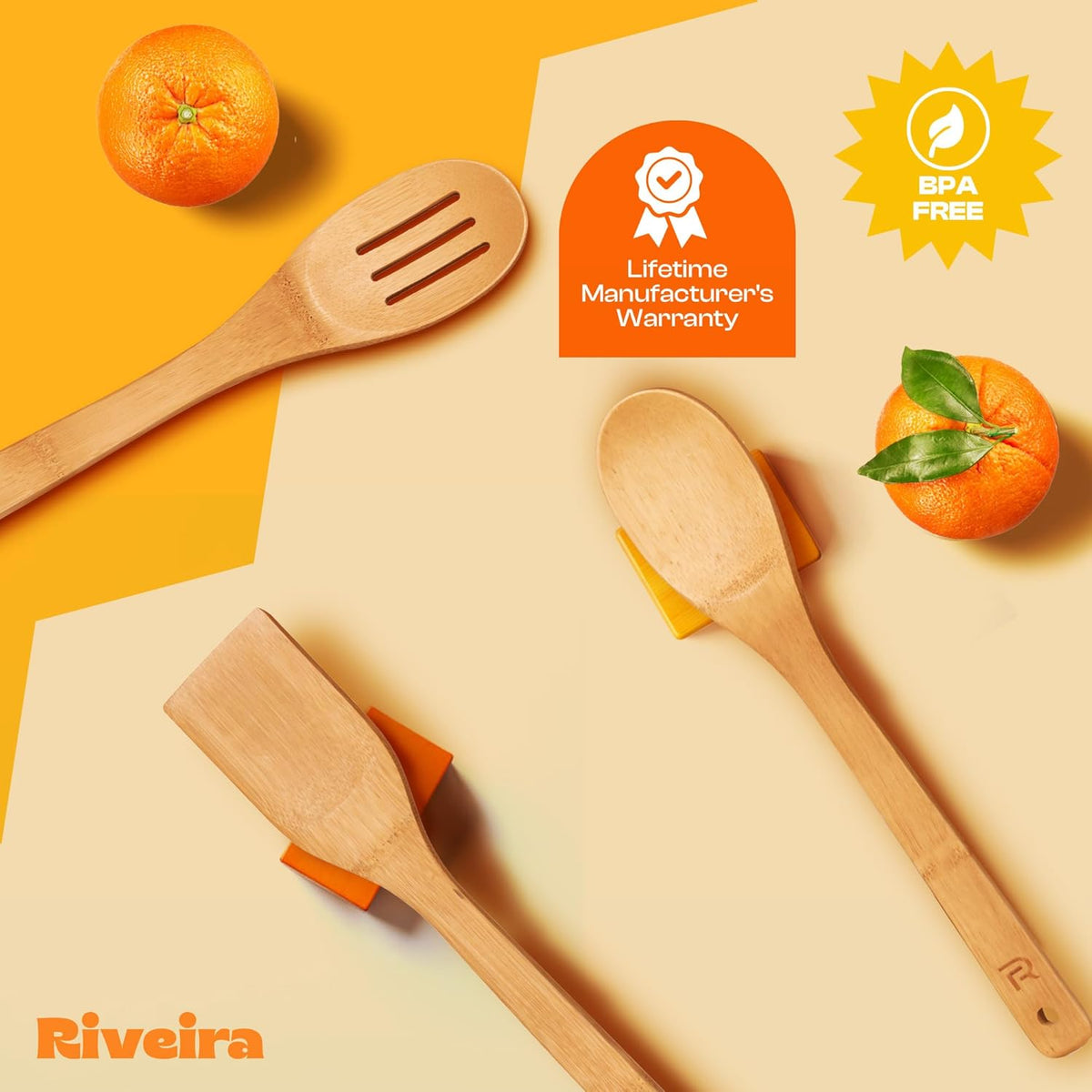 Riveira Bamboo Wooden Spoons for Cooking 3-Piece, Apartment Essentials Wood Spatula Spoon Nonstick