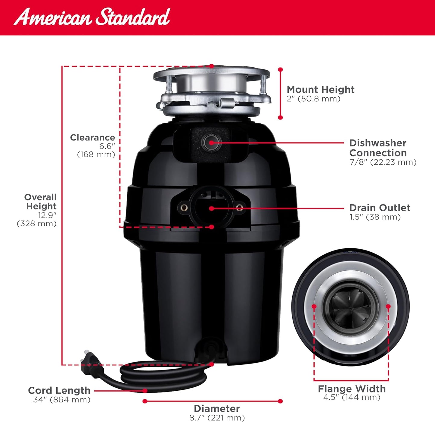 American Standard 10-US-AS-7 Garbage Disposal Anti-Jam Stainless Steel Food Waste Grinding System