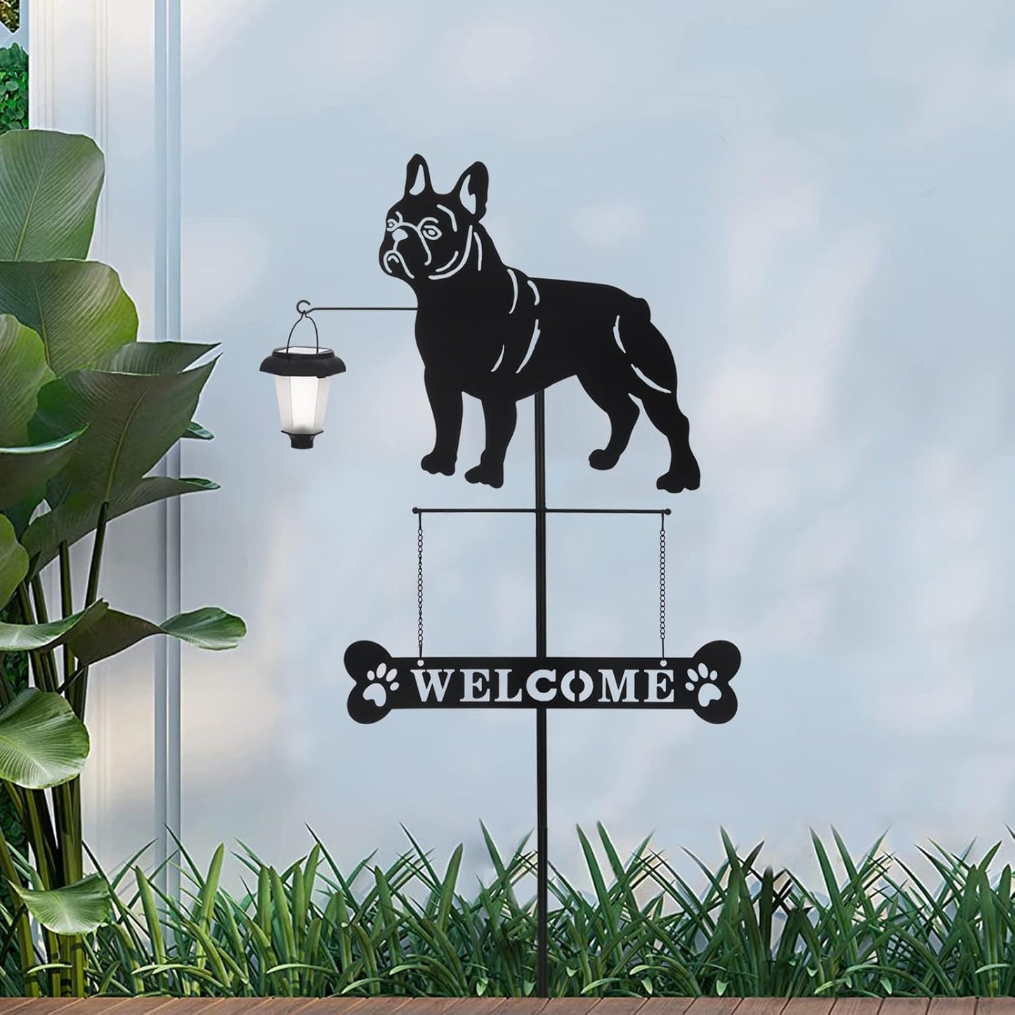 BAYN Solar French Bulldog Silhouette Dog Breed Welcome Sign with a Lantern Outdoor Decorative