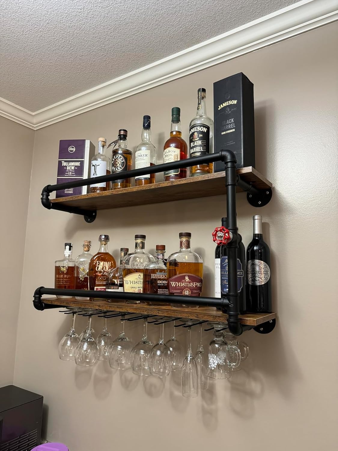 Wine Rack Wall Mounted 2 Tier, Hanging Floating Bar Liquor Shelves with Glass Holder Storage Under