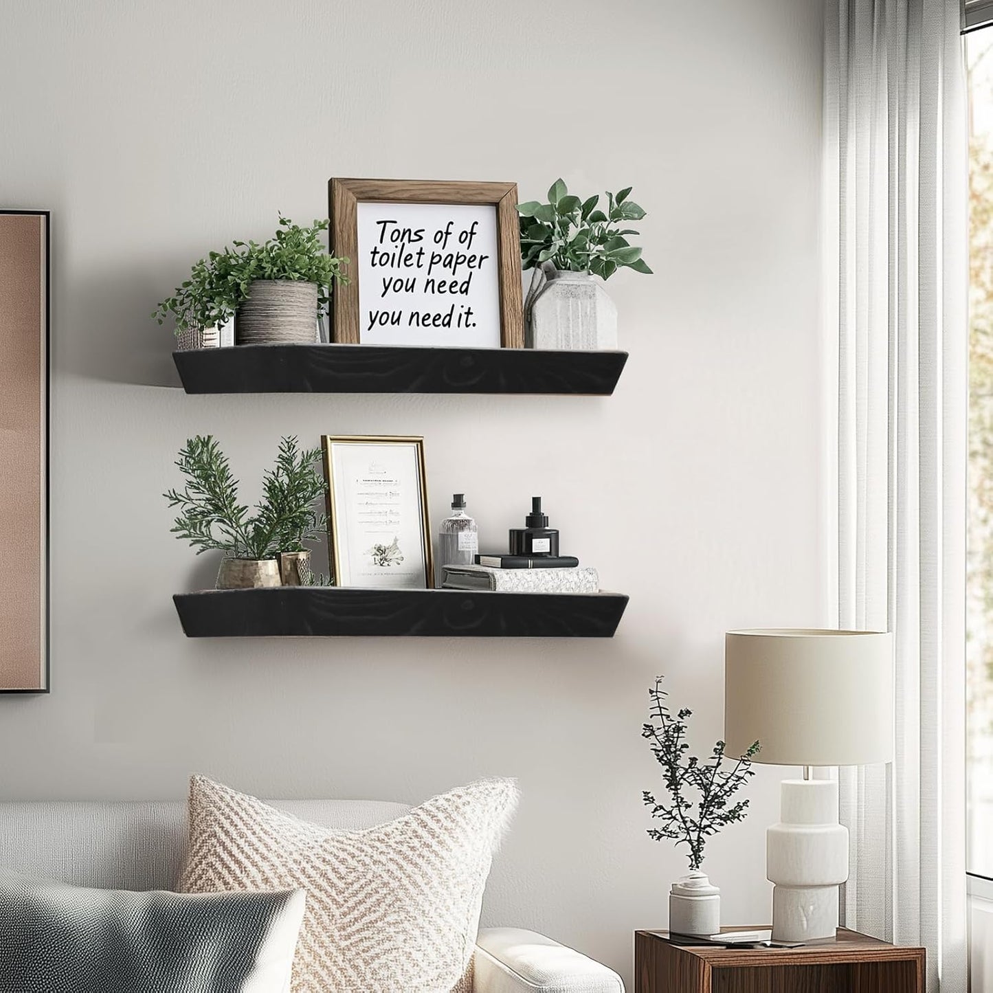 16"x6.8"x1.6" Slanted Floating Wall Shelves 2-Pack - Rustic Black Finish, Heavy-Duty Solid Wood
