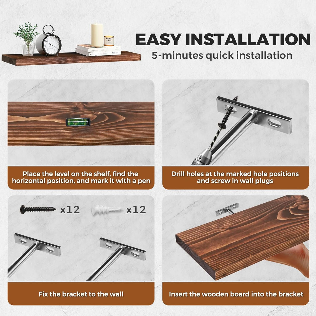 Floating Wall Shelves 3-Pack - 24-Inch Rustic Brown Wooden Shelves for Storage and Décor, Easy