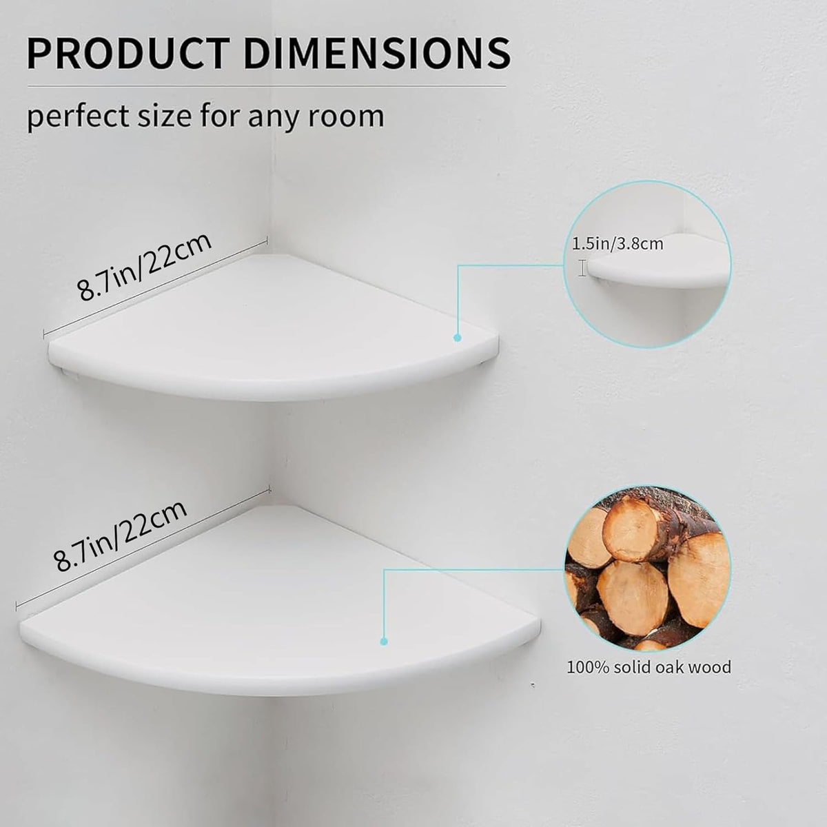 Corner Shelves, Floating Corner Shelf, Set of 2 White Solid Oak Wood Wall Shelves, Round End Wall