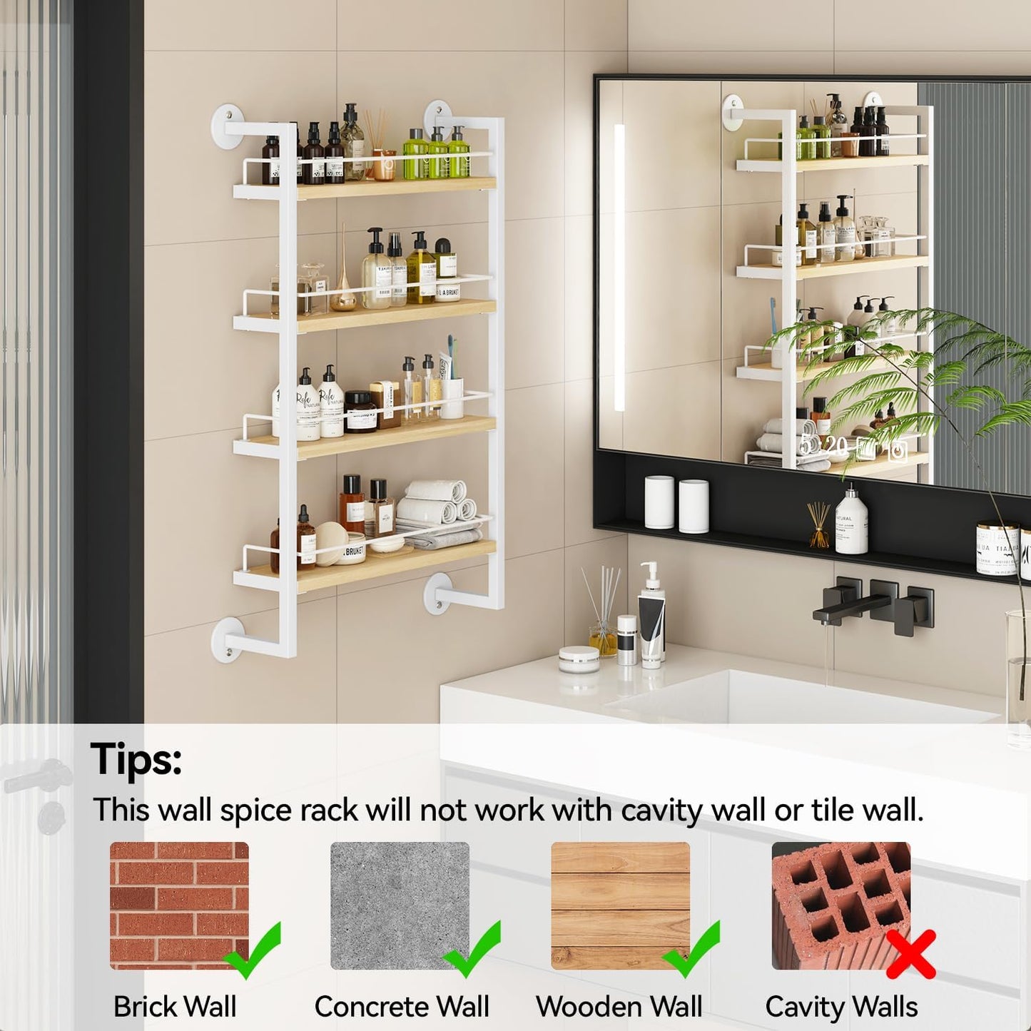 IBUYKE Spice Rack Wall Mount,4 Tier Hanging Seasoning Organizer,Spice Rack for Wall for up to 50