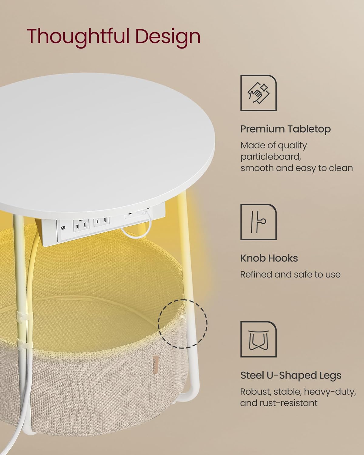 VASAGLE Side Table with Charging Station, Round End Table with Fabric Basket, LED Nightstand with