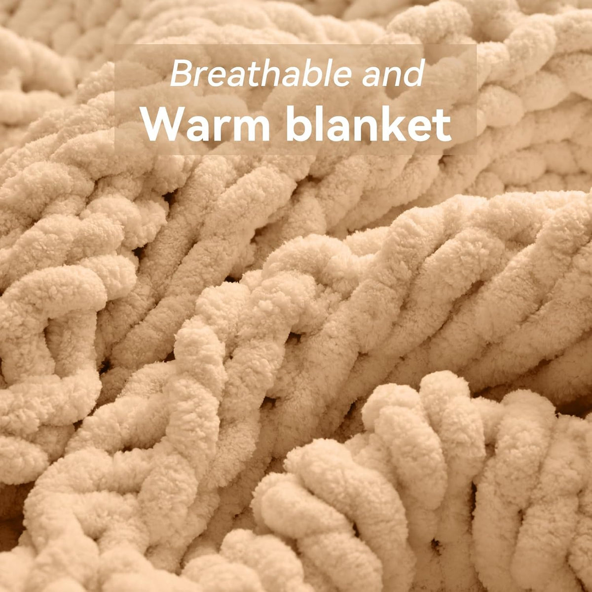 Chunky Knit Throw Blanket, 50''*60'' Knitted Throw Chenille Yarn for Bed Couch, Handmade Beige