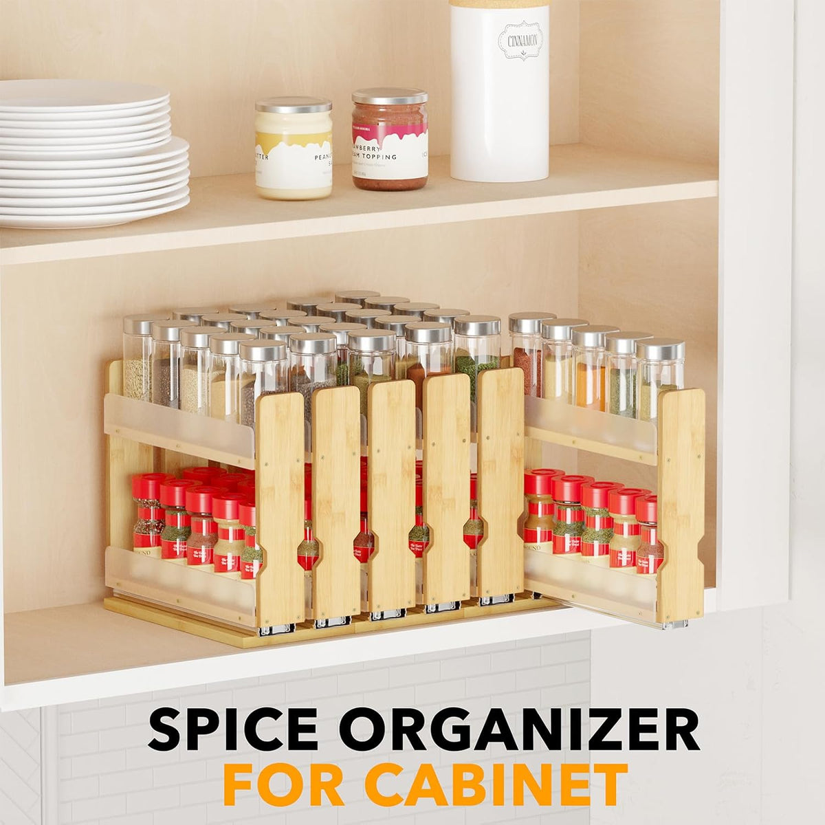 SpaceAid Bamboo Pull Out Spice Rack Organizer for Cabinet, Heavy Duty Slide Out Seasoning Kitchen