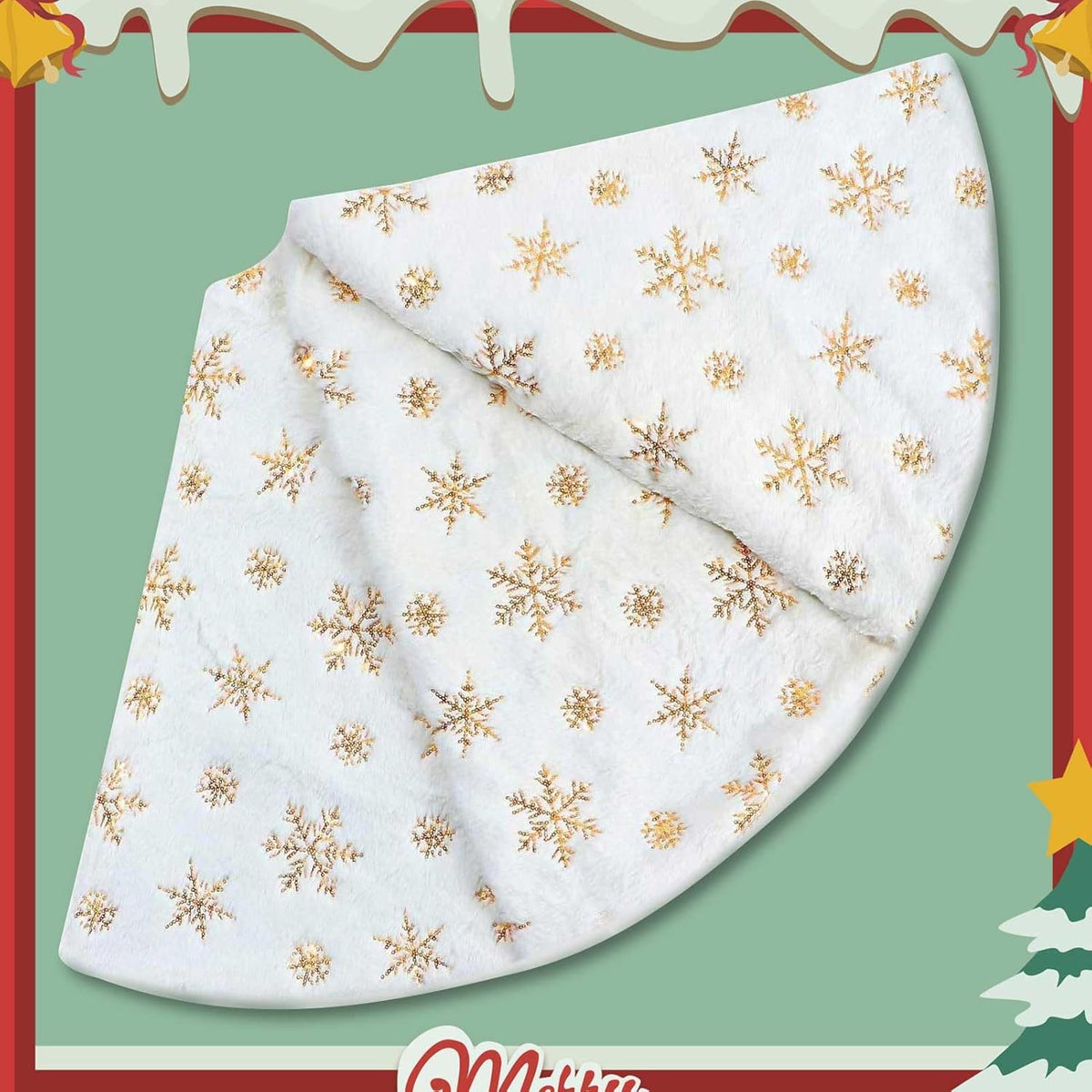 Christmas Tree Skirt, 48 Inch White Luxury Faux Fur & Gold Sequin Snowflakes, 4ft Xmas Tree Skirt