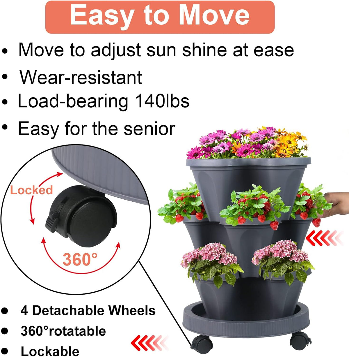 DUNCHATY Stackable Planter, Vertical Garden Planter with Wheels and Tools, Self Watering Strawberry