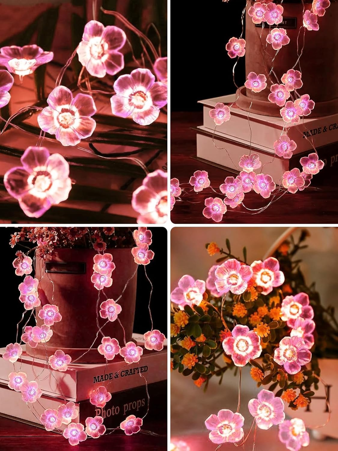 Cherry Blossom Flower String Lights for Bedroom, Pink Fairy Lights Battery Operated with Remote & 8