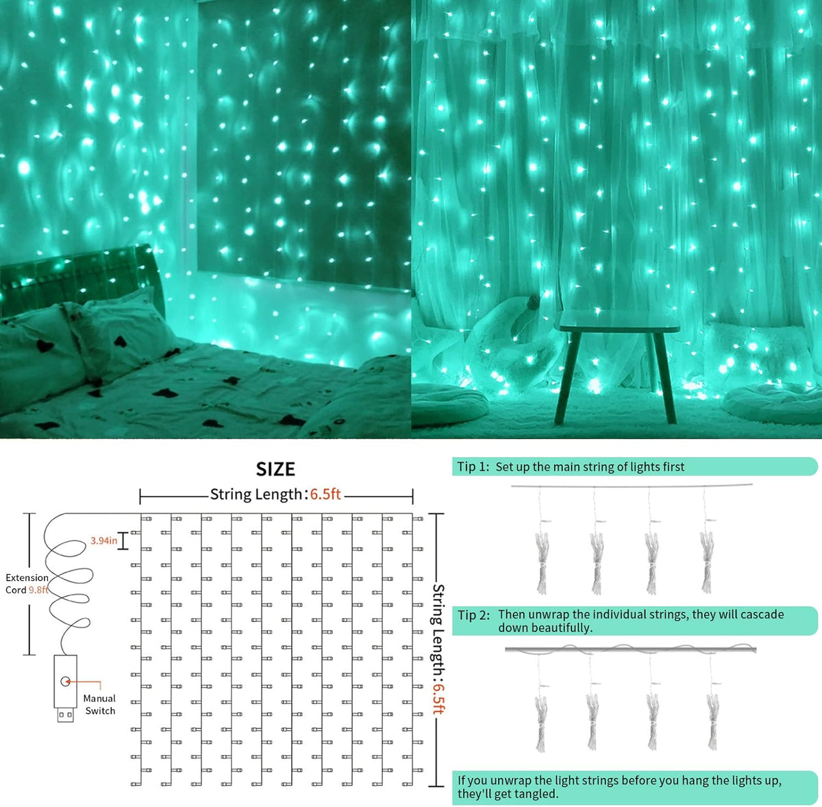 suddus Curtain Lights for Christmas, 200 Led 6.5ft x 6.5ft Hanging String Lights Outdoor, Fairy