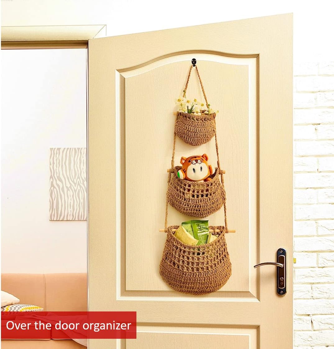 Hanging Fruit Basket, 3 Tier Woven Jute Wall Hanging Basket for Organizing, Hanging Produce Basket