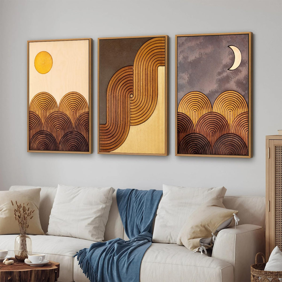 Tinonedraw Boho Mountain Framed Canvas Wall Art Set, Mid Century Modern Geometric Line Wall Decor