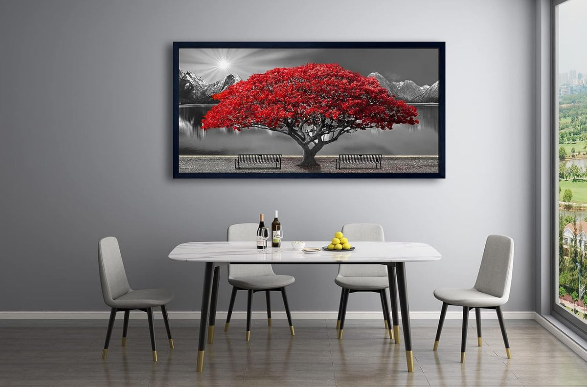 Black and White Red Tree Wall Art Canvas Print Picture Large Red Tree Landscape Modern Artwork for