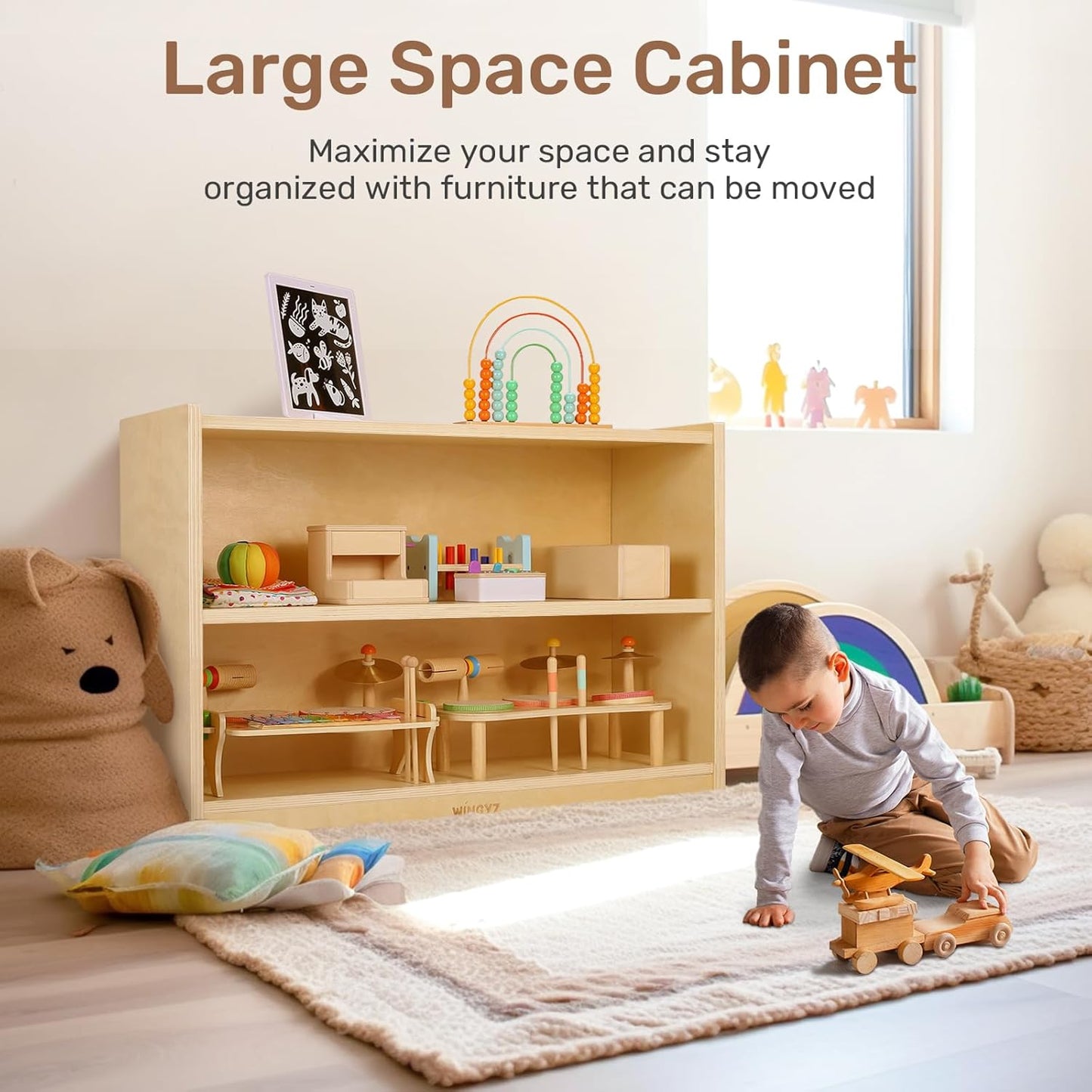wingyz Wooden Storage Cabinet, 2-Tier Kids Toy Storage Organizer, Spacious Montessori Kids