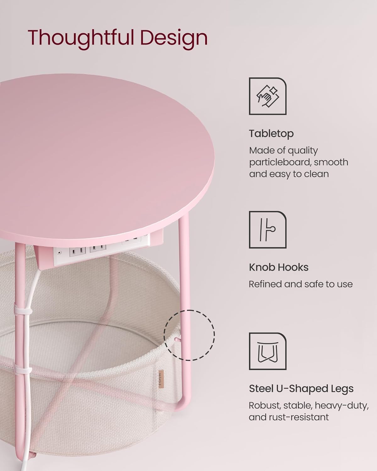 VASAGLE Side Table with Charging Station, Round End Table with Fabric Basket, Nightstand with Power
