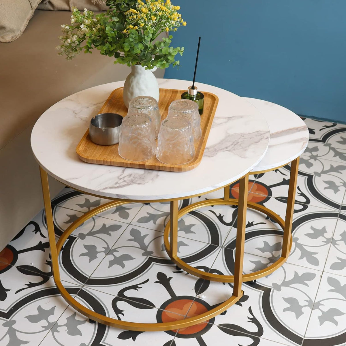 aboxoo Coffee Table Nesting White Set of 2 Side Set Golden Frame Circular Round and Marble Pattern
