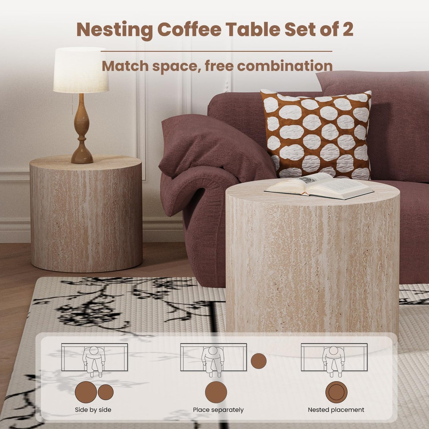 Round Nesting Coffee Table Set of 2 Modern Wood Coffee Tables Handcraft Drum Coffees Table