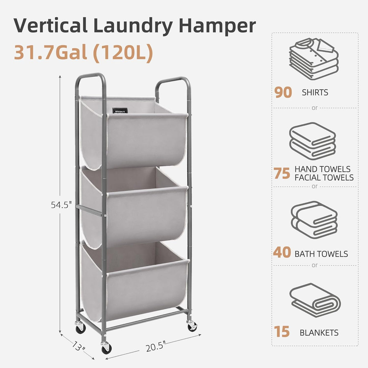STORAGE MANIAC 120 Liters Vertical Rolling Laundry Hamper, 3 Section Laundry Sorter with Wheels and