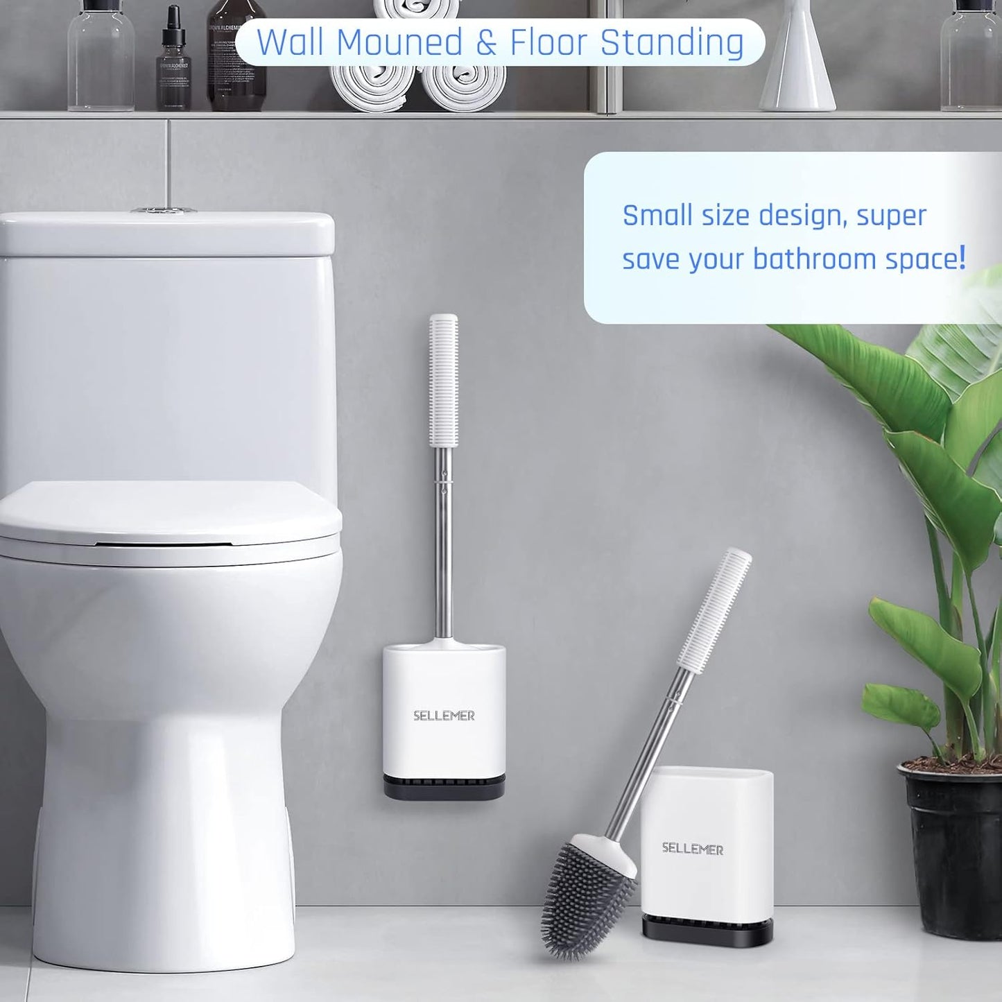 Sellemer Toilet Brush and Holder Set for Bathroom, Flexible Toilet Bowl Brush Head with Silicone