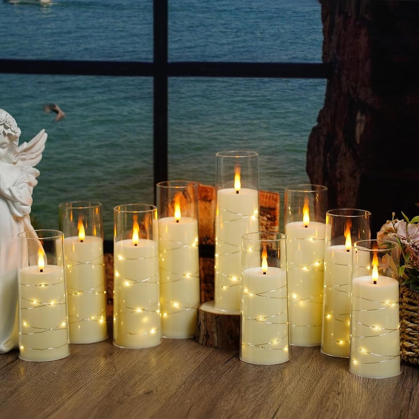 Flickering Flameless LED Candles,Battery Operated Candles 9 Pcs with Embedded Star String,Acrylic