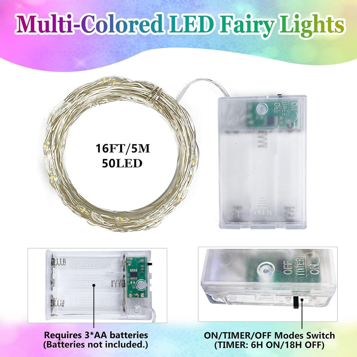 4-Pack Multicolor Christmas Fairy Lights Battery Operated with Timer, Waterproof 16FT 50 LED String