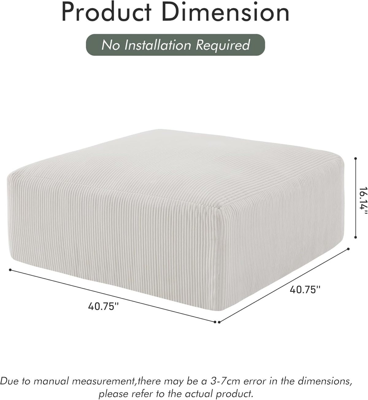 40" Square Stuffed Ottoman Pouf for Sofa Couch, Corduroy Poufs with Foam Chunk Filling, Furry &