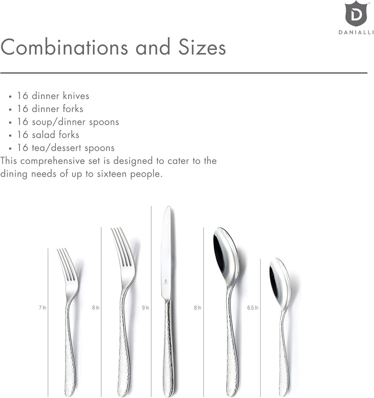 Hammered Silverware Set | Premium 18/10 Stainless Steel Flatware Service for 16 | Heavy-Duty &