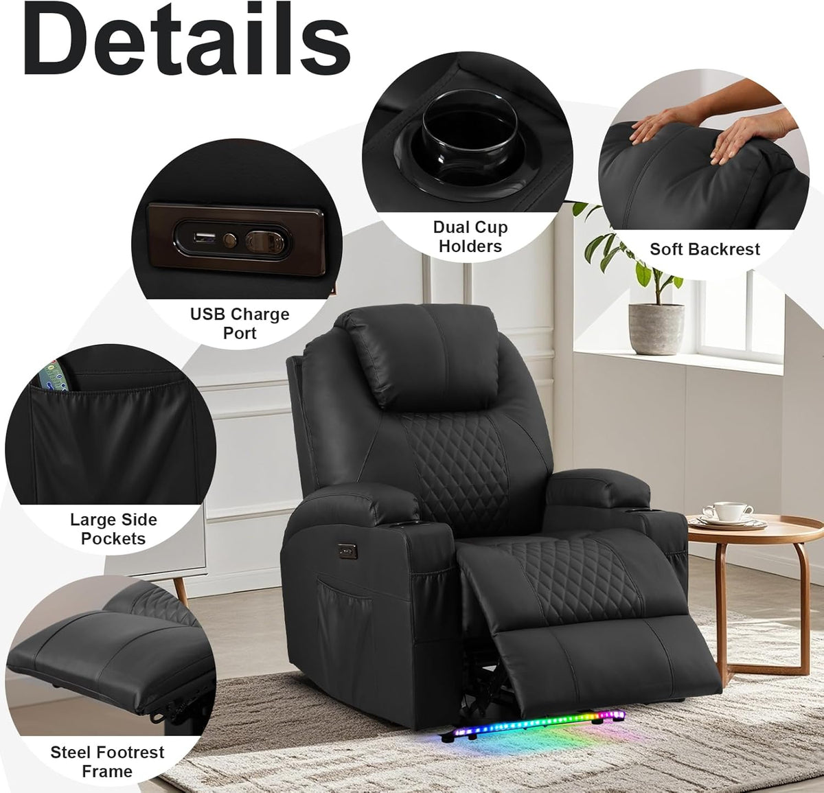 AHMED Power Recliner Chair with Vibration Massage & Heat for Adults, Faux Leather Home Theater