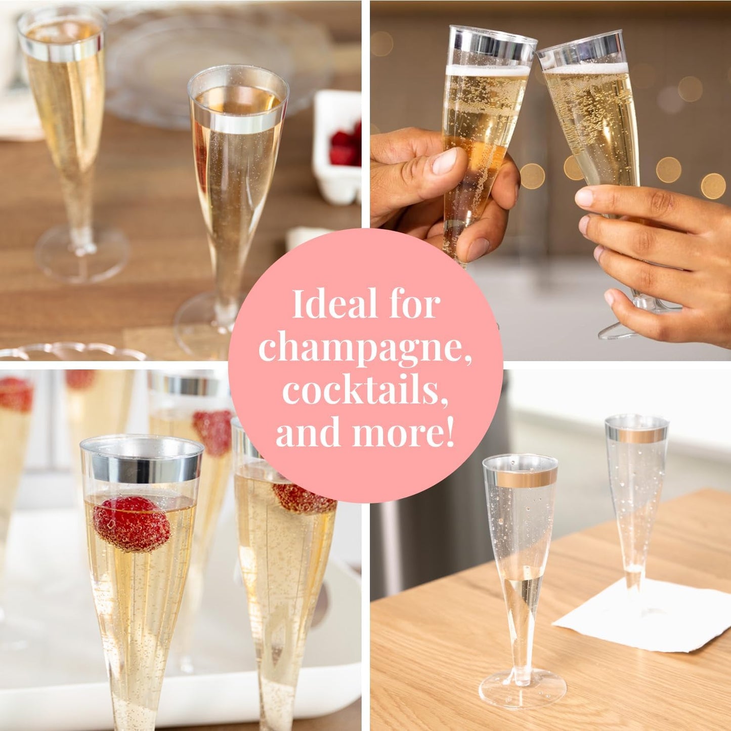 Prestee Set of 24 Silver Glitter Plastic Champagne Flutes - 4.5 oz Capacity - Shatterproof Durable