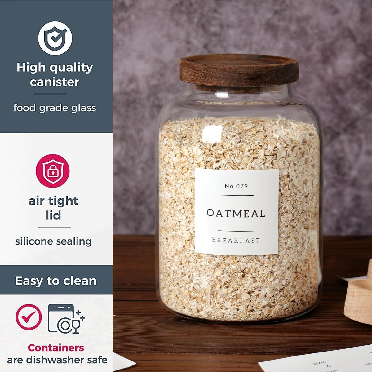 2 PCS Large Glass Jar with Airtight Lid, Glass Food Storage Jars for Tea,Spice,Cereal