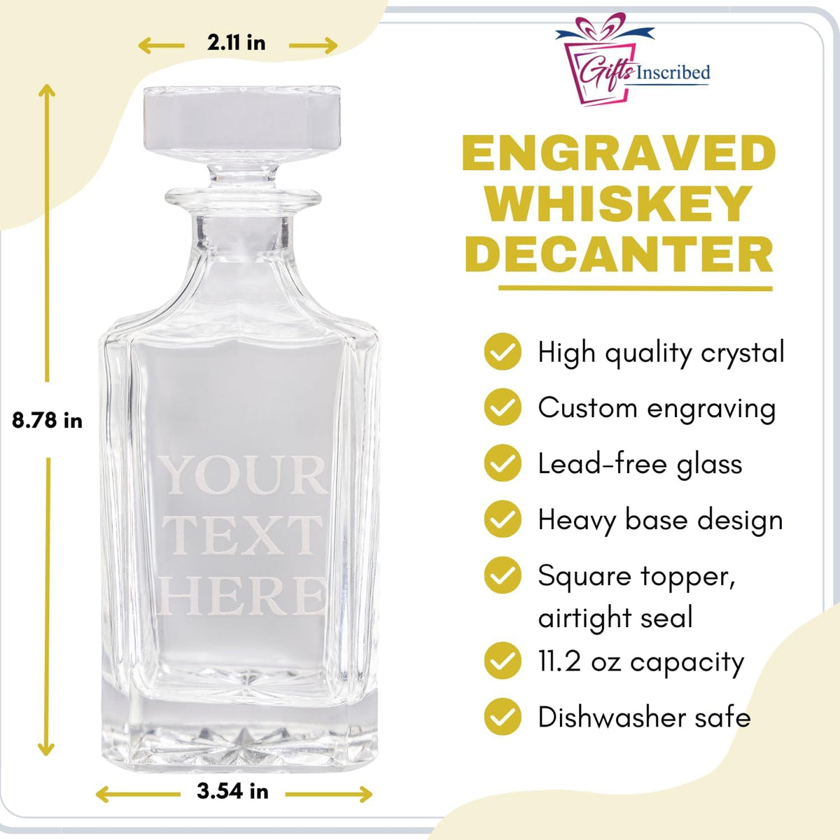 Gifts Inscribed Custom Text Whiskey Decanter & Glasses Set of 2 – Engraved Glass Cups Drinking