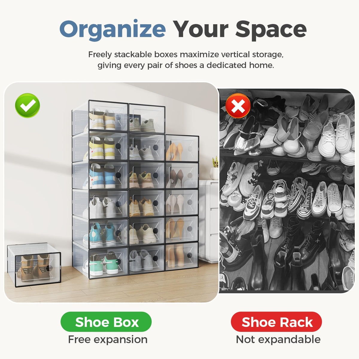 DUMOS Shoe Storage Boxes, 12-Pack Stackable Clear Shoe Containers with Lids, Display Sneaker Case