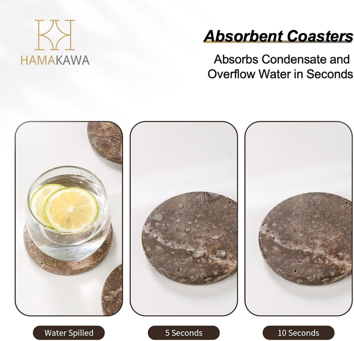 Marble Coasters Set of 4, Natural Gray Stone 4 Inch/10 cm, Modern Round Travertine Drink Coasters