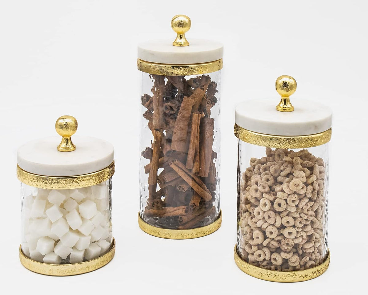 Godinger Canister Storage Container, Glass Storage Canister, Marble with Gold Band - 4x4
