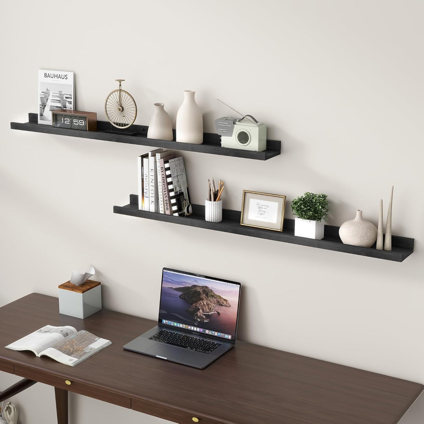 Picture Ledge Shelf for Wall, 48 inch Solid Pine Wood Nursery Book Shelves 2 Packs, Floating Ledge