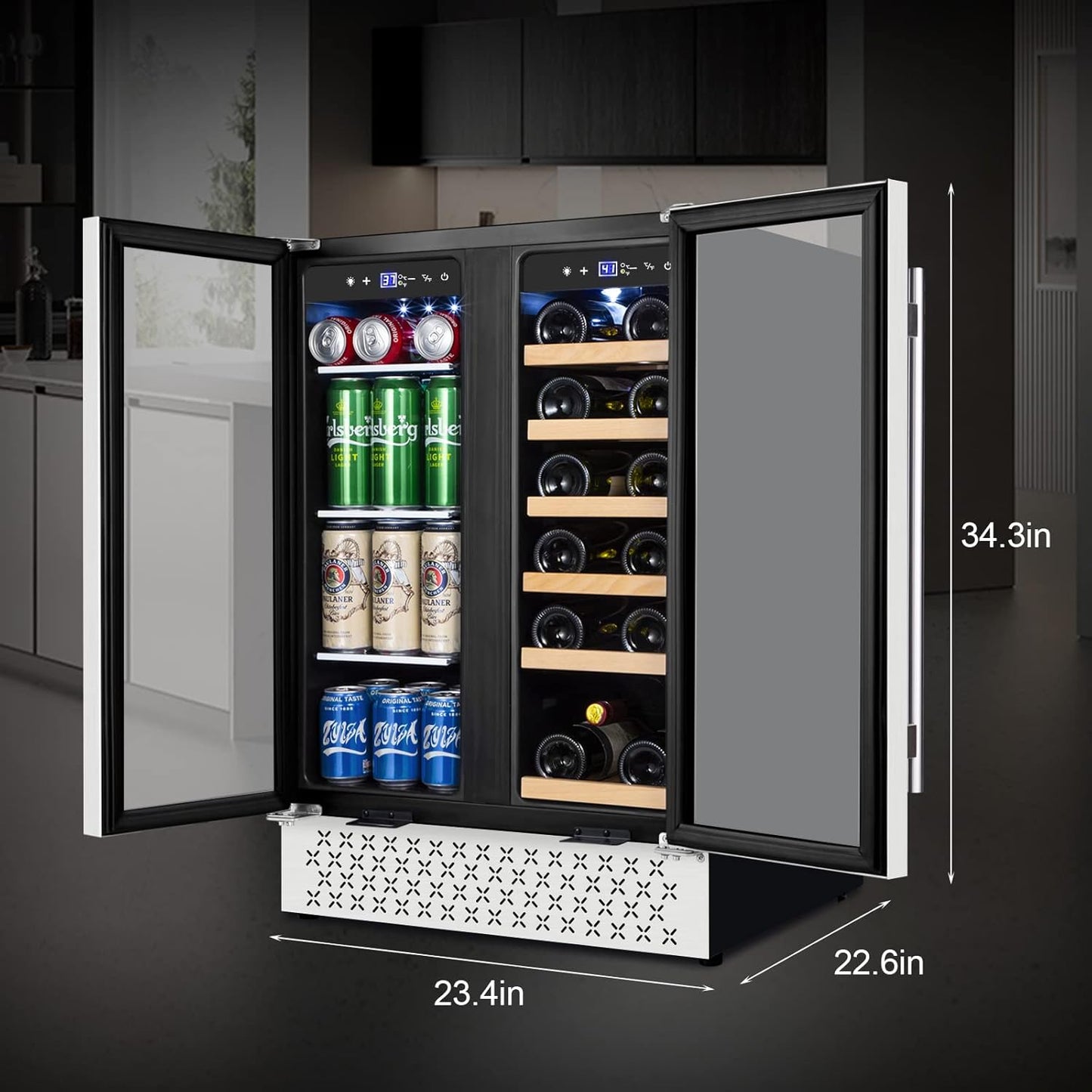Tylza Wine and Beverage Refrigerator 24 Inch Dual Zone, French Door Wine and Beverage Cooler 24''