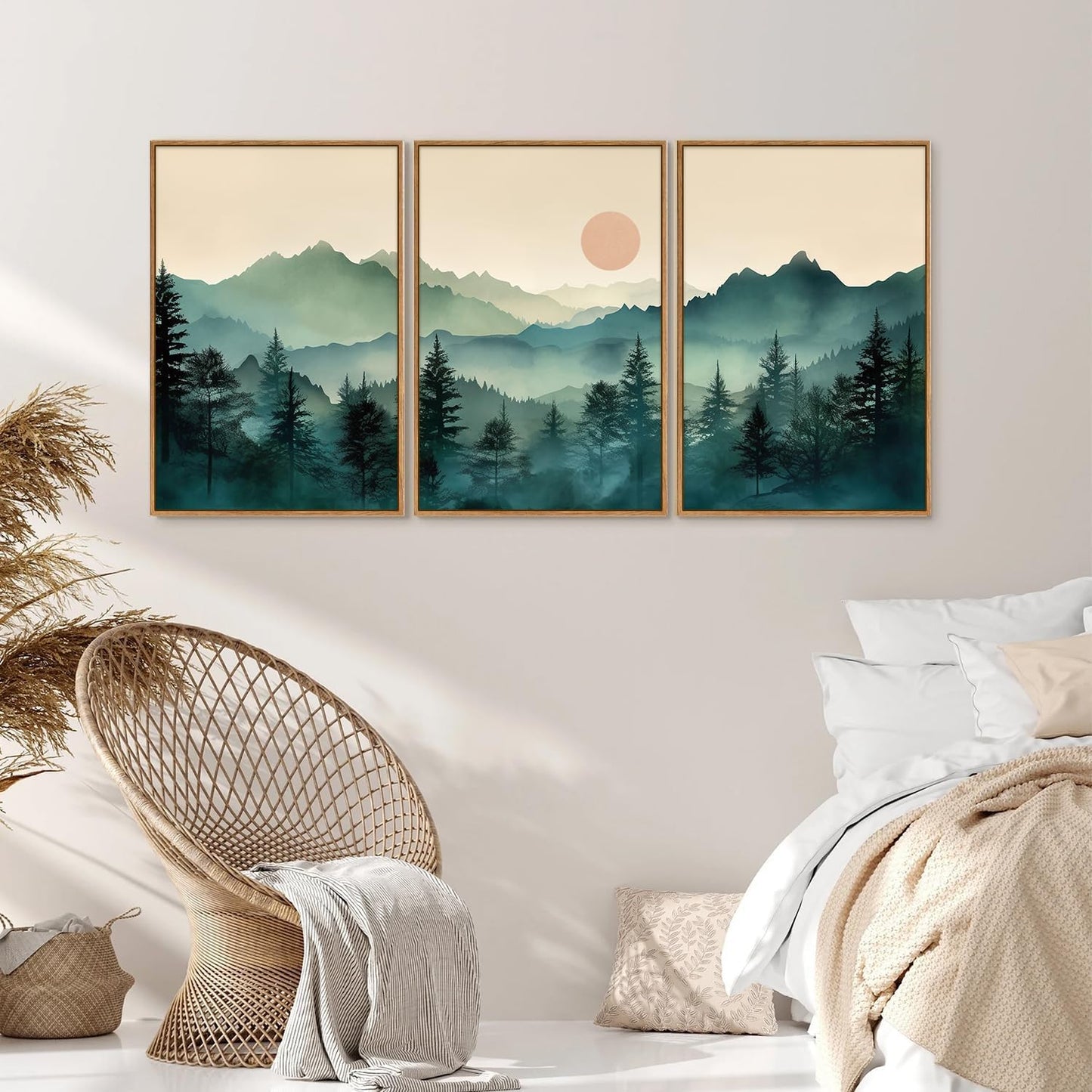 SIGNINART Large Mountain Framed Canvas Wall Art Set, Abstract Misty Forest Wall Decor, Foggy Nature