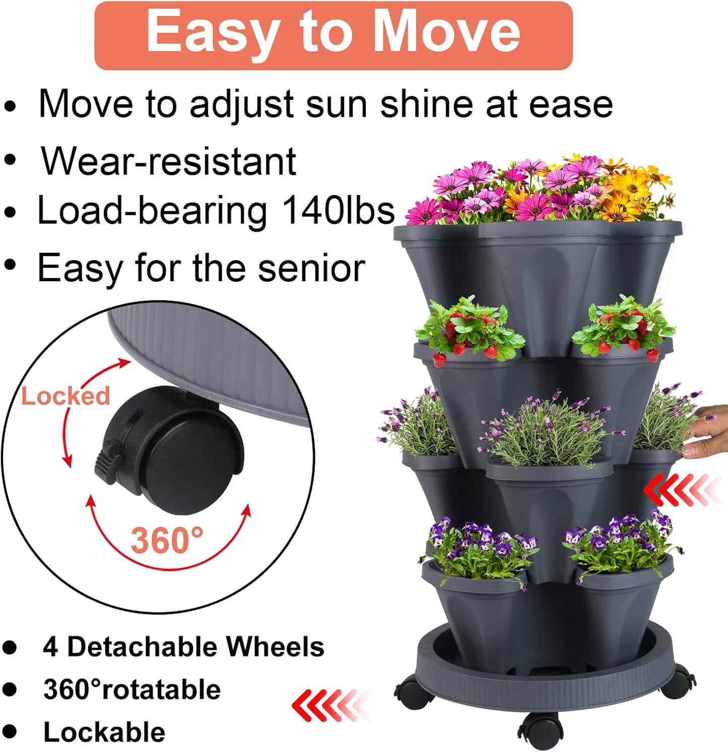 DUNCHATY Stackable Planter, Vertical Garden Planter with Wheels and Tools, Self Watering Strawberry