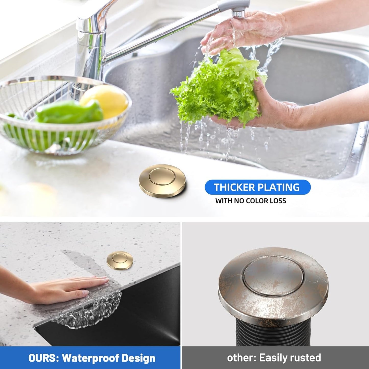 Garbage Disposal Air Switch Kit, UL Listed, Professional Sink Top On/Off Button, Champagne Bronze