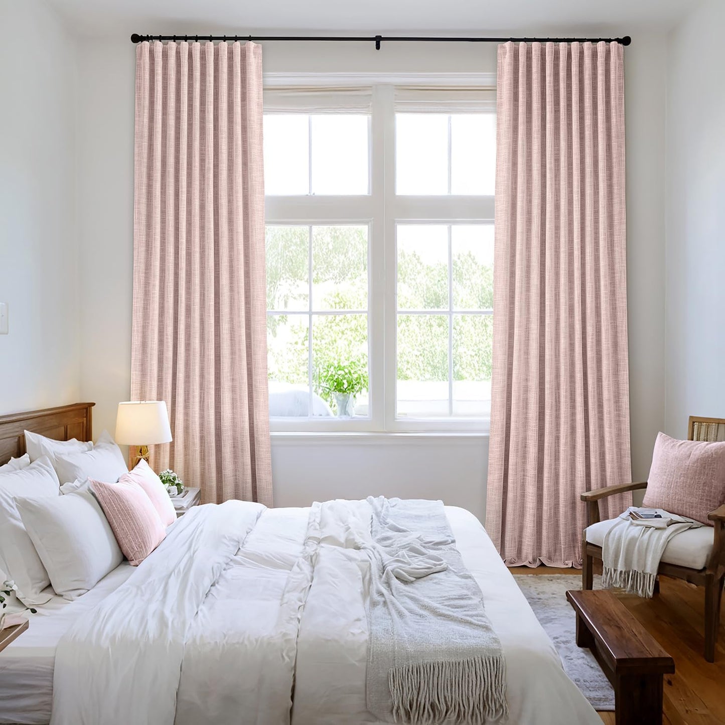 MIULEE Baby Pink 100% Blackout Linen Curtains 84 Inch 2 Panels Set Double Sided No Coating Pleated