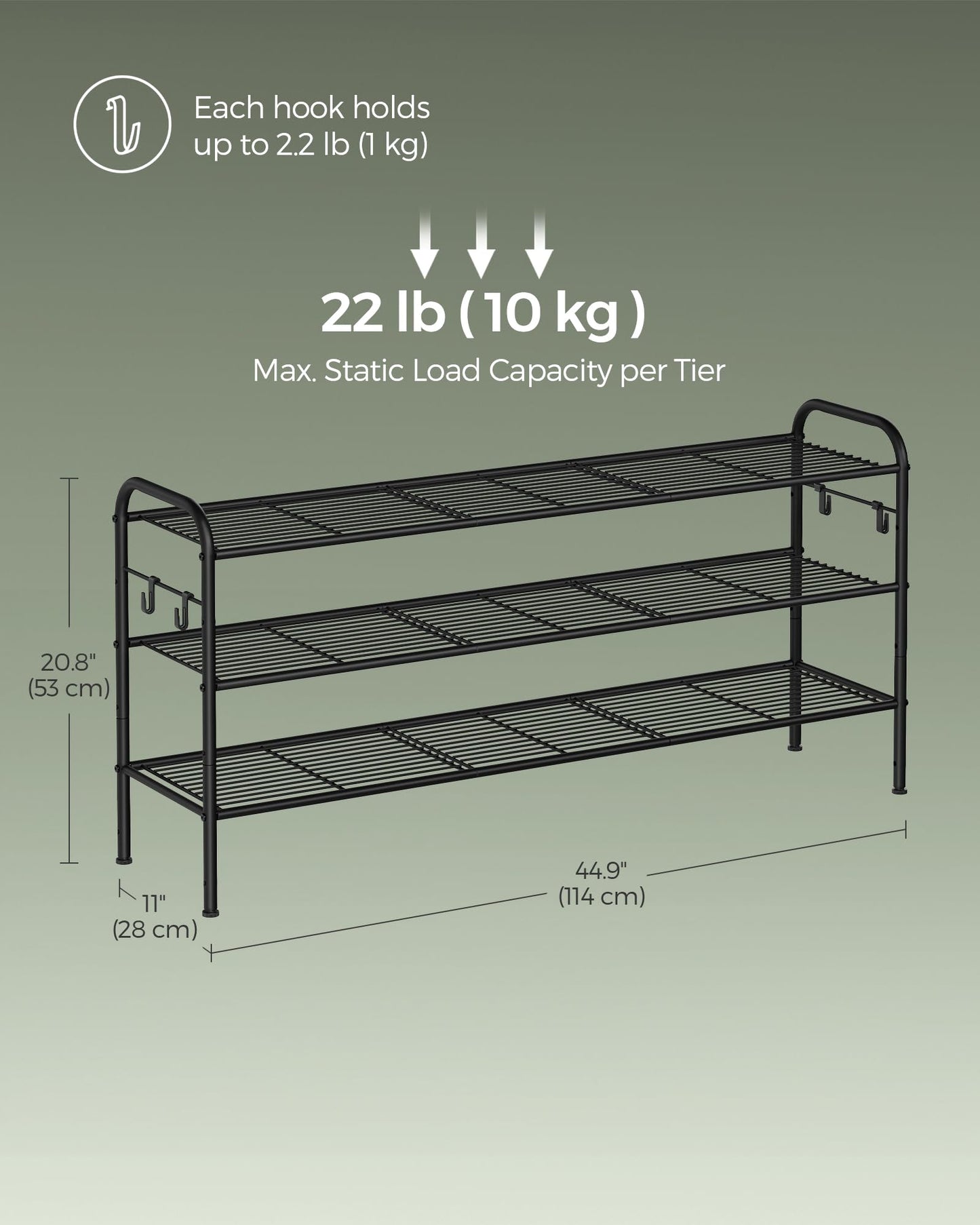 SONGMICS Shoe Rack, 3-Tier Shoe Organizer, Metal Shoe Shelf Storage with 4 Side Hooks, Holds 24