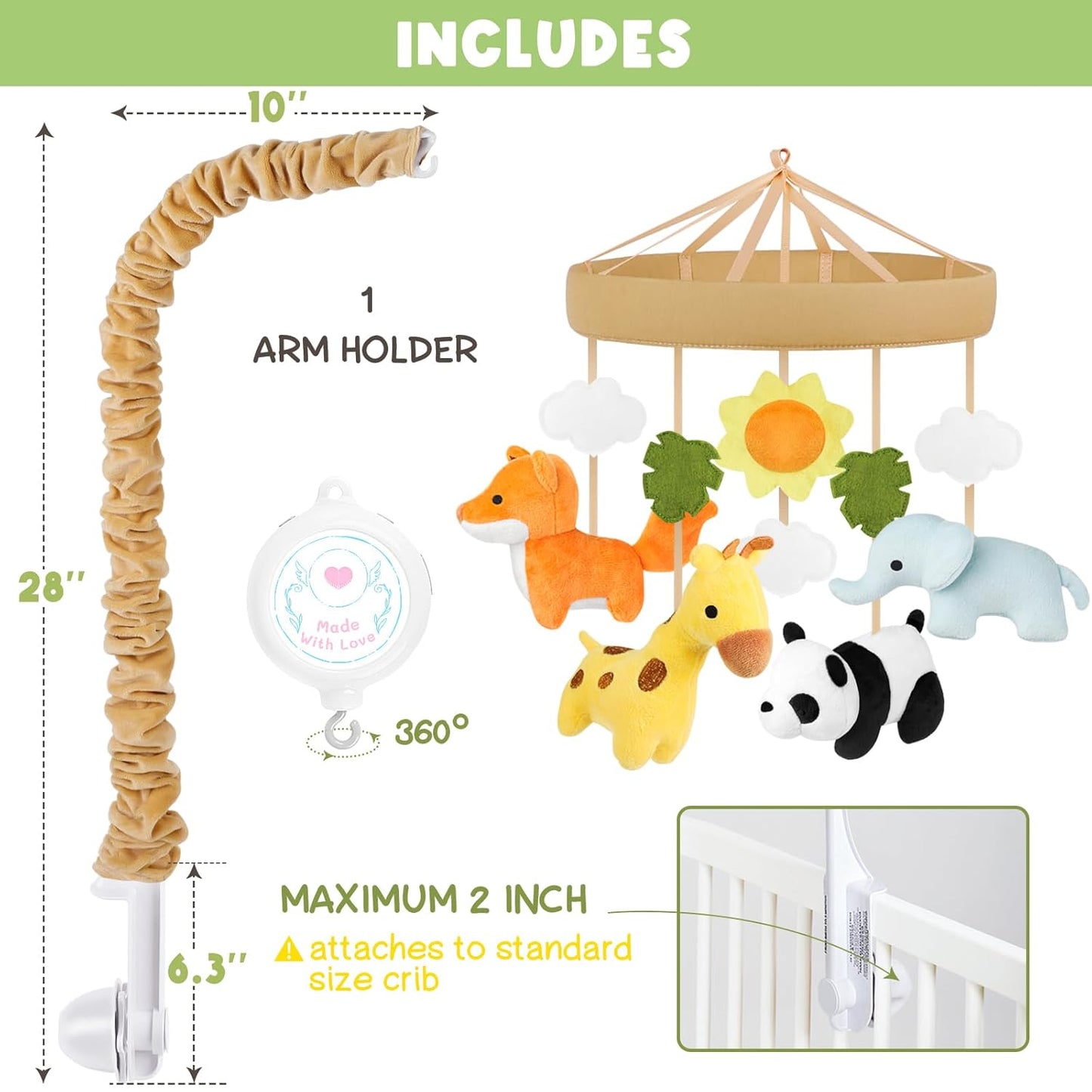Animals Crib Mobile - Safari Baby Mobile for Crib with 12 Lullabies for Boys & Girls, Musical Baby