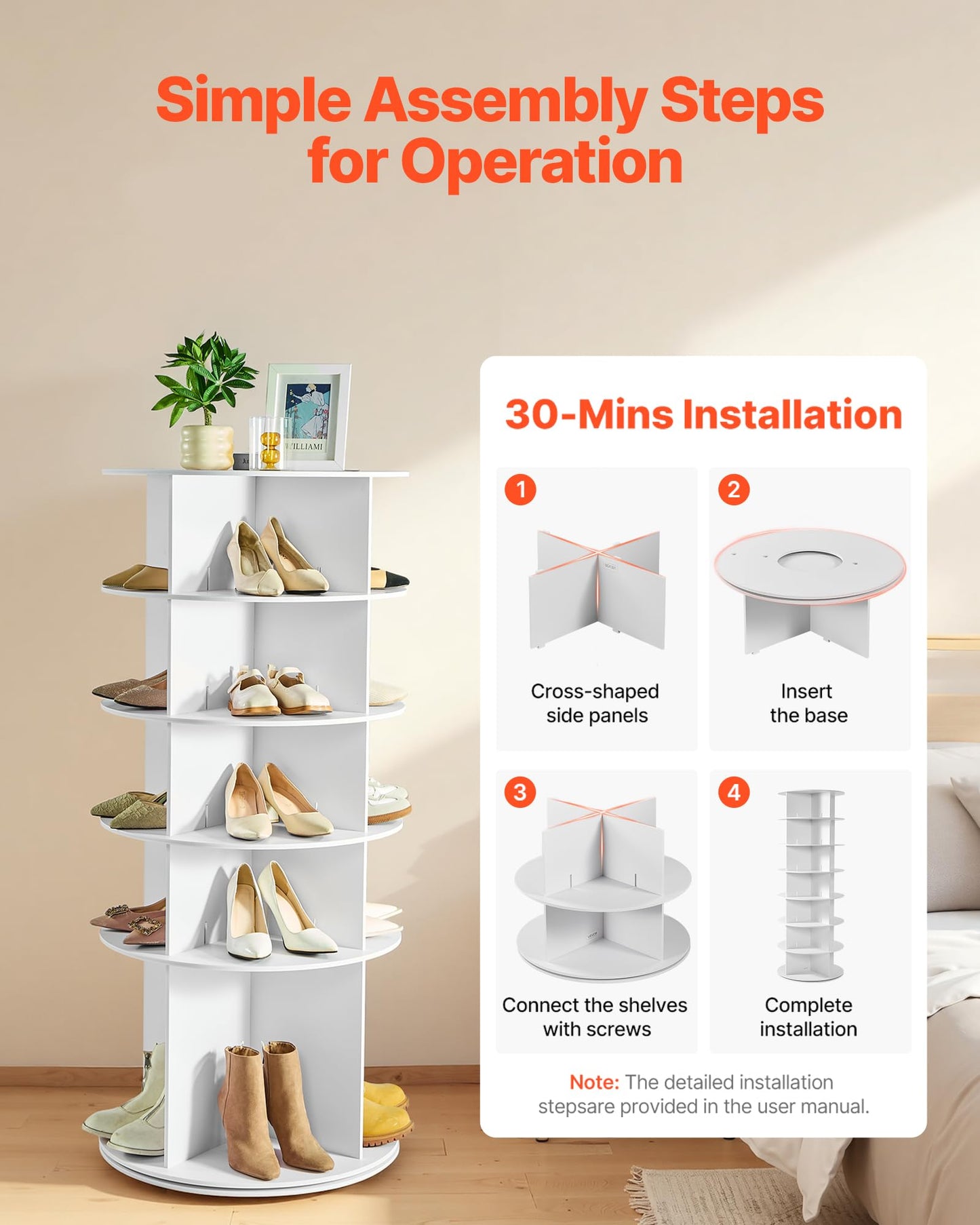 VEVOR 5 Tiers Rotating Shoe Rack Tower, 360° Spinning Shoe Rack, Revolving Storage Round Carousel