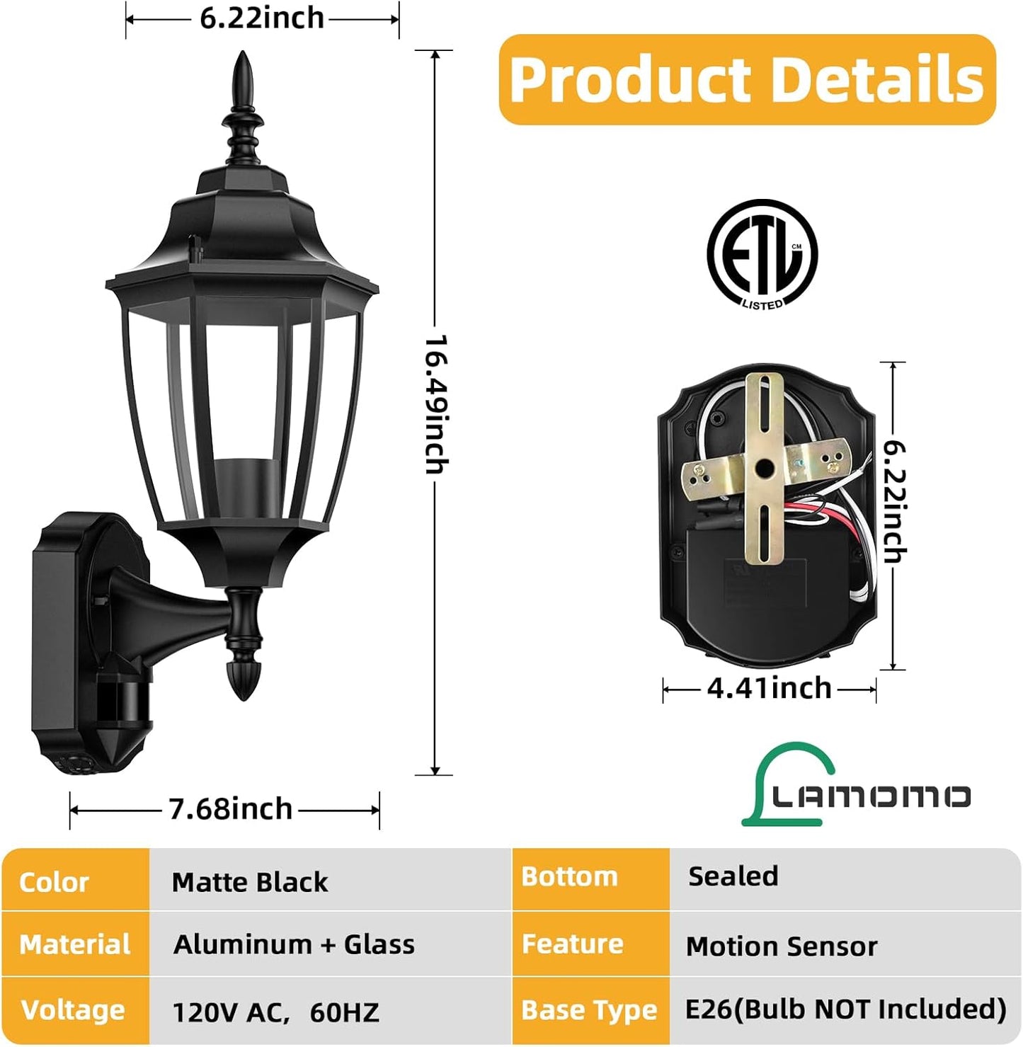 Lamomo Outdoor Wall Sconce, 2 Pack Dusk to Dawn Motion Sensor Light Fixtures, Exterior Aluminum