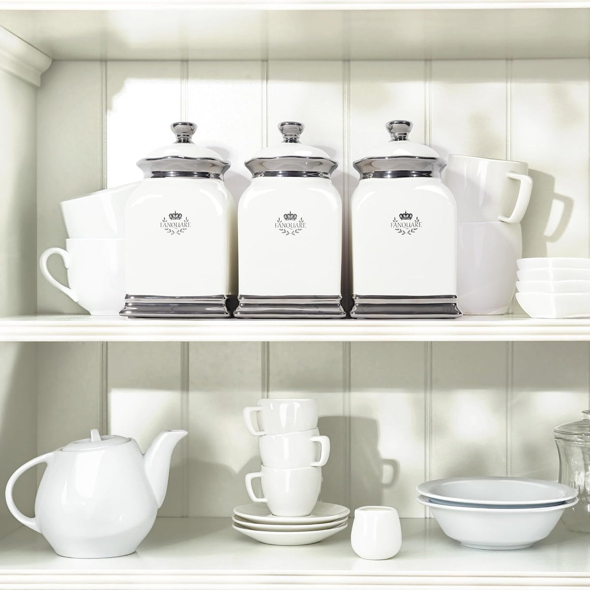 fanquare 30 OZ Cookie Jar, White Kitchen Canisters Set of 3, Farmhouse Porcelain Decorative Jars